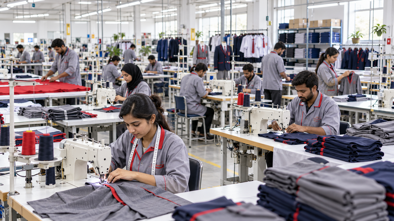 School uniform production and stitching at Ghani's Uniforms in Karachi